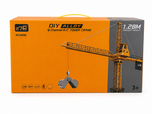 A product box for a DIY Alloy 4 Channel R/C Tower Crane, featuring a bright orange and dark gray design with a graphic of the yellow crane and its claw attachment.