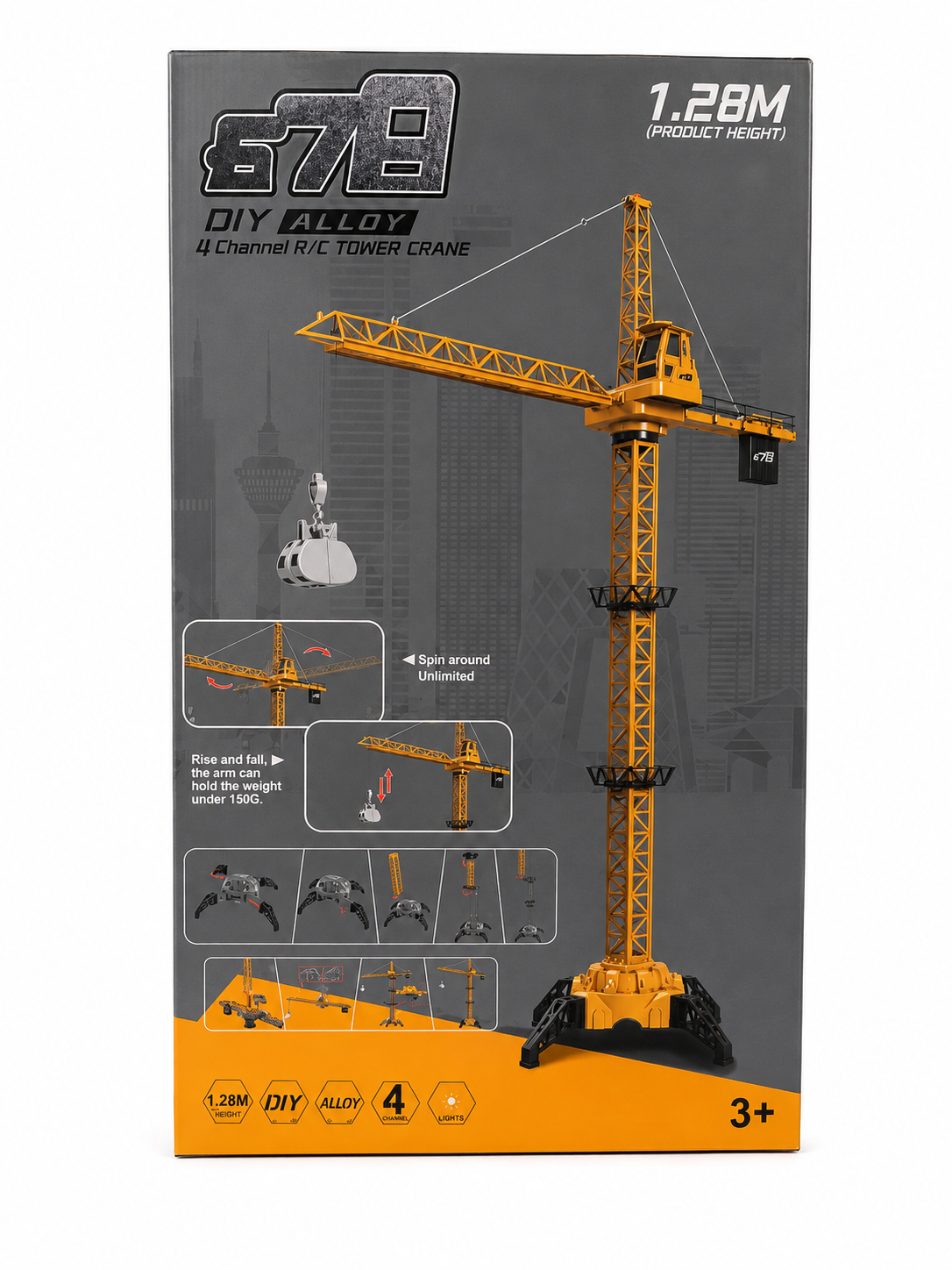 Front of retail packaging for a DIY alloy tower crane toy set, showing a large assembled yellow crane on a dark gray box with orange accents and construction-themed graphics.