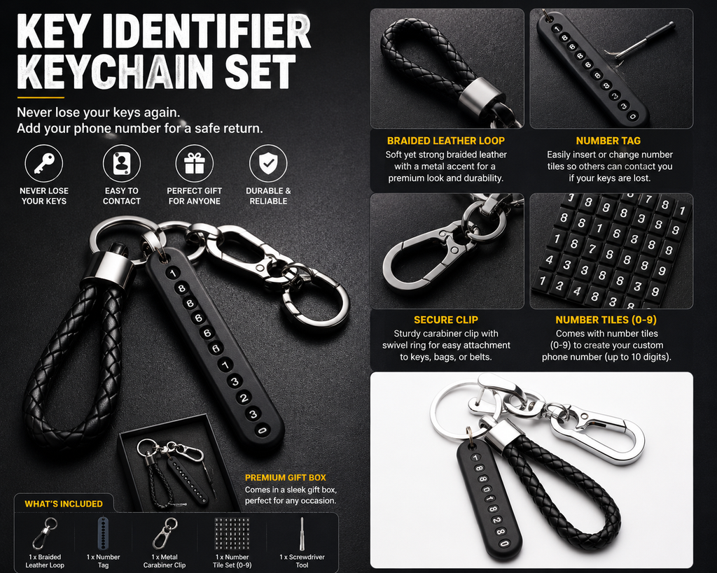Key identifier keychain set with braided leather loops, numbered tiles, a secure clip, and a premium gift box on a dark promotional background with feature callouts.