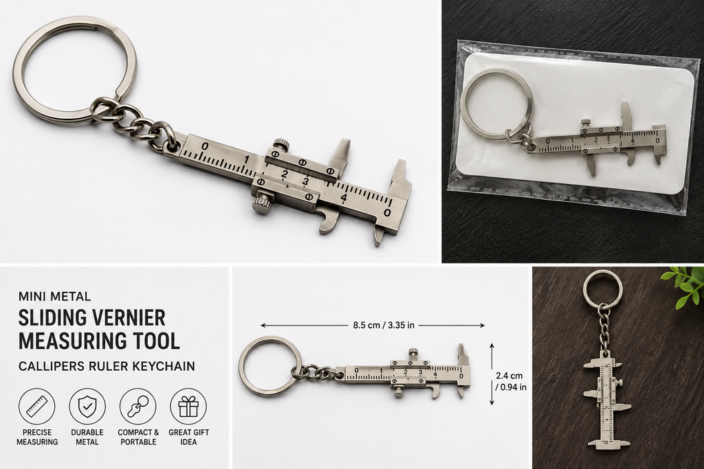 A collage showing a mini metal sliding vernier measuring tool keychain in multiple views and sizes. The product is shaped like a caliper and made of silver-toned metal.