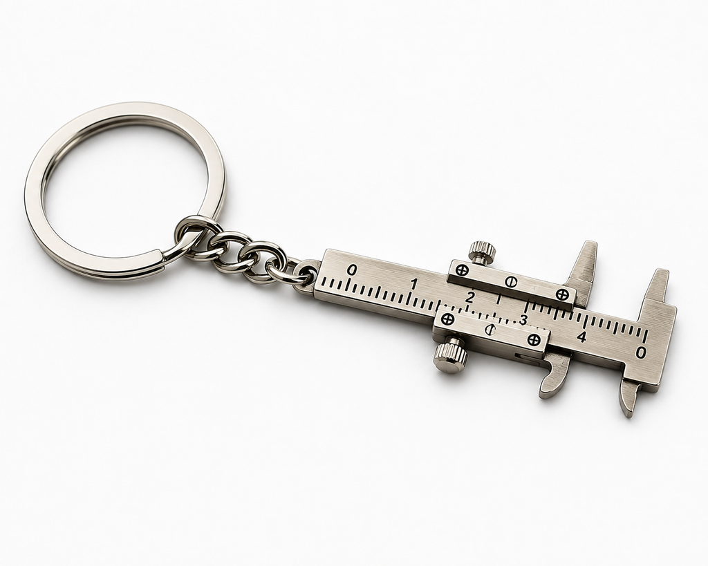 A stainless steel keychain shaped like a caliper with a split key ring and chain, shown on a plain white background.