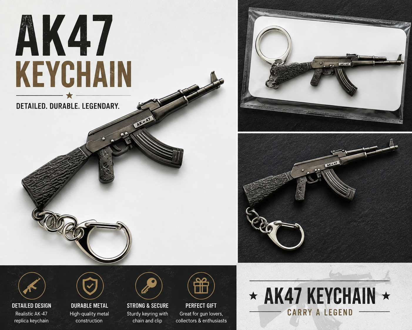 AK47 replica keychain shown in a collage layout, featuring a large front view of the metallic keychain on a light background, smaller views of the keychain in packaging and on a dark surface, and feature icons along the bottom. The product is a rifle-shaped keychain with a key ring.