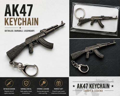 AK47 replica keychain shown in a collage layout, featuring a large front view of the metallic keychain on a light background, smaller views of the keychain in packaging and on a dark surface, and feature icons along the bottom. The product is a rifle-shaped keychain with a key ring.