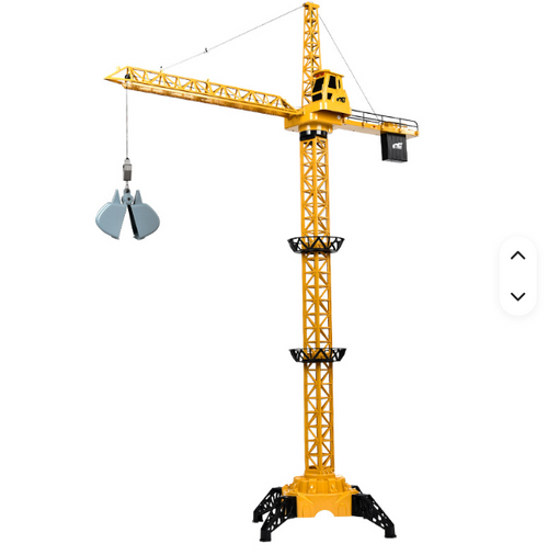 Yellow toy crane with a hook on a white background